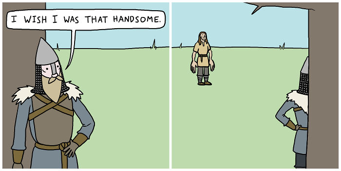 Viking comic with a character admiring another from behind a tree, wishing to be handsome.