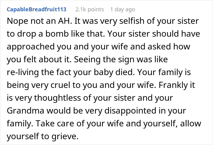 Man Calls His Sister "An Evil Human Being" After Finding Out Her Baby Is Named The Same As His Stillborn Daughter, Asks If He’s The Jerk Man Calls His Sister "An Evil Human Being" After Finding Out Her Baby Is Named The Same As His Stillborn Daughter, Asks If He’s The Jerk