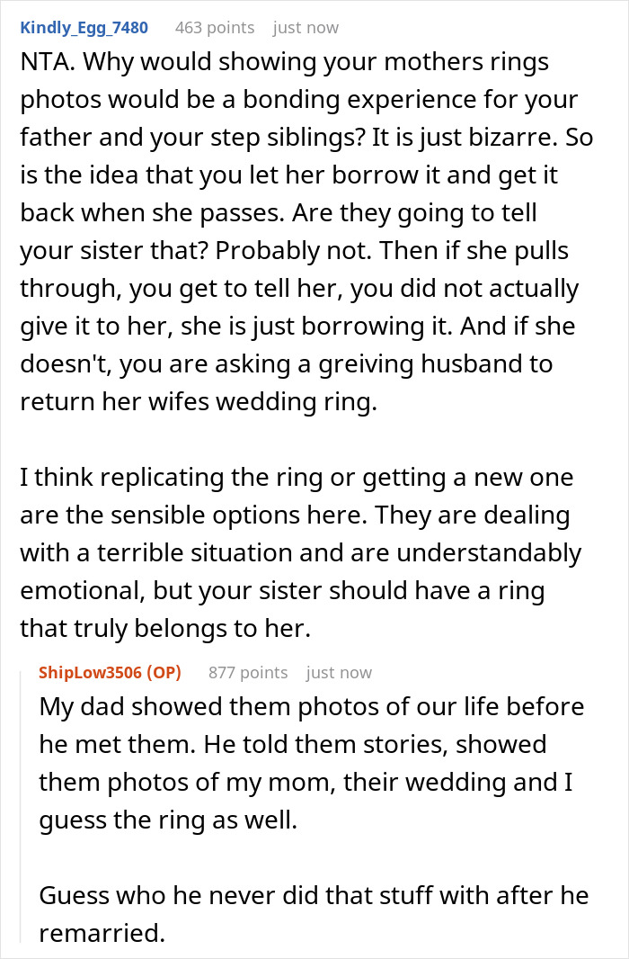 &ldquo;[Am I The Jerk] For Saying My Terminally Ill Stepsister Can&rsquo;t Have My Mom&rsquo;s Engagement Ring&rdquo;