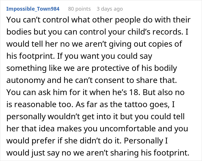 Reddit comment discussing discomfort over MIL wanting a tattoo of grandkid's footprint and suggestions to handle it.