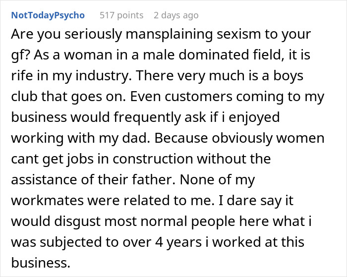 Guy Challenges His GF's Claims About Sexism At Work, Gets An Eye-Opening Reality Check