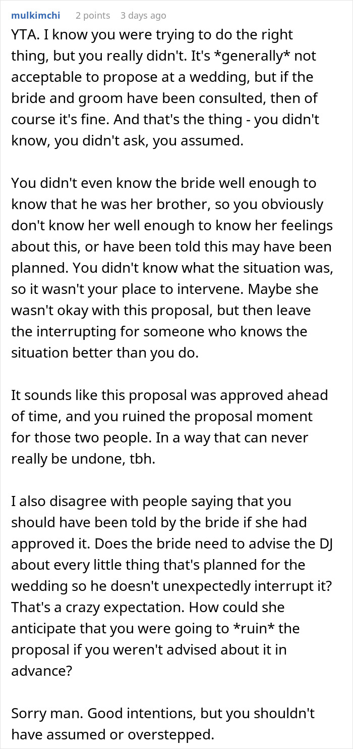 Wedding DJ Spots A Proposal About To Happen On The Dance Floor, Changes The Song To Ruin It, Later Wonders If He Did The Right Thing Wedding DJ Spots A Proposal About To Happen On The Dance Floor, Changes The Song To Ruin It, Later Wonders If He Did The Right Thing