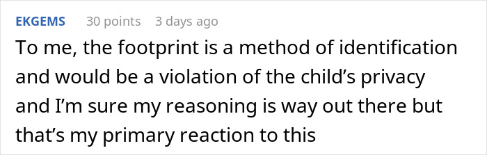 Comment expressing concerns over tattooing grandkid's footprint for privacy reasons.