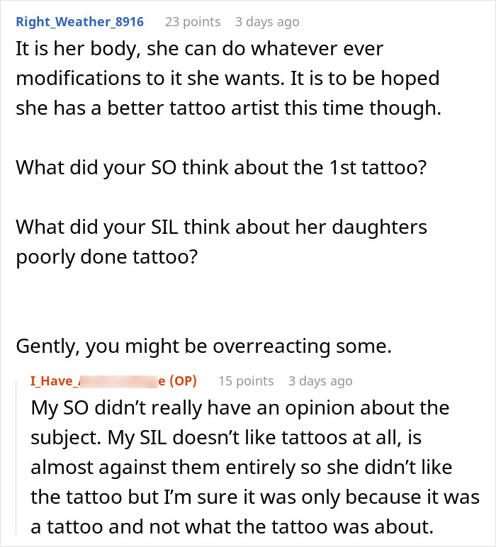 Forum discussion about MIL wanting a tattoo of grandkid's footprint, featuring differing viewpoints.