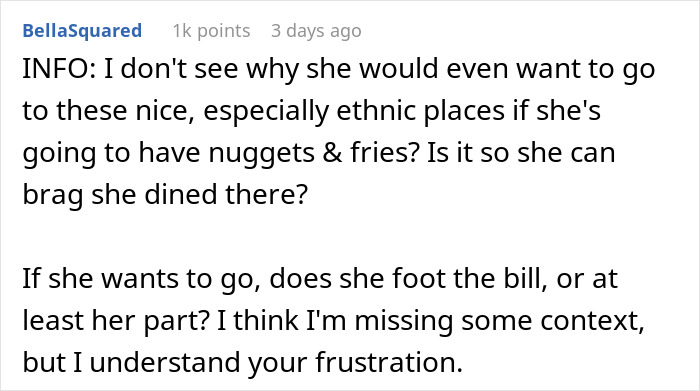 "Am I A Jerk For Refusing To Take My Girlfriend To Nice Places Because She Eats Like A Kid?" "Am I A Jerk For Refusing To Take My Girlfriend To Nice Places Because She Eats Like A Kid?"