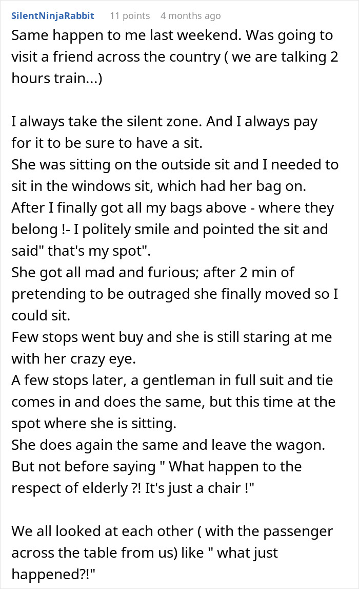 Woman Plots The Pettiest Revenge Against ‘Karen’ Who Refused To Move Her Bag From Her Prepaid Train Seat Woman Plots The Pettiest Revenge Against ‘Karen’ Who Refused To Move Her Bag From Her Prepaid Train Seat