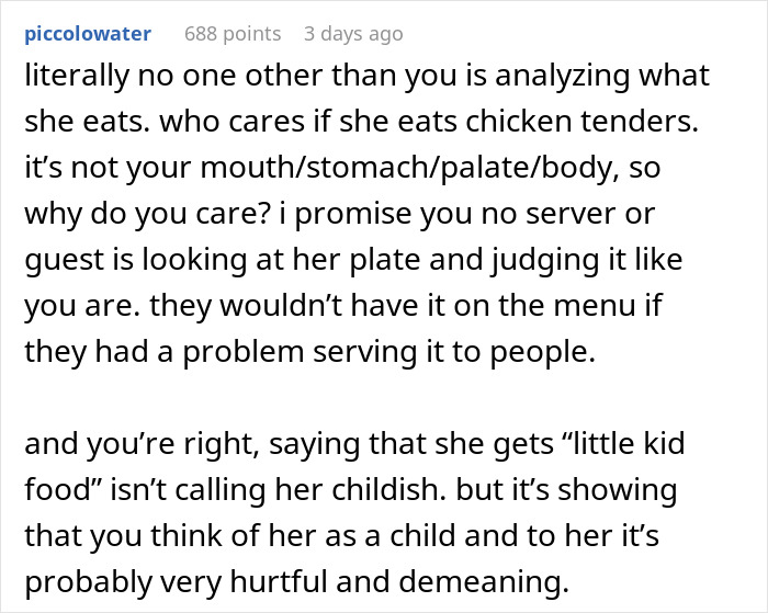 "Am I A Jerk For Refusing To Take My Girlfriend To Nice Places Because She Eats Like A Kid?" "Am I A Jerk For Refusing To Take My Girlfriend To Nice Places Because She Eats Like A Kid?"