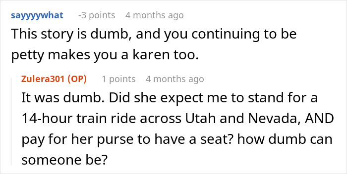 Woman Plots The Pettiest Revenge Against ‘Karen’ Who Refused To Move Her Bag From Her Prepaid Train Seat Woman Plots The Pettiest Revenge Against ‘Karen’ Who Refused To Move Her Bag From Her Prepaid Train Seat