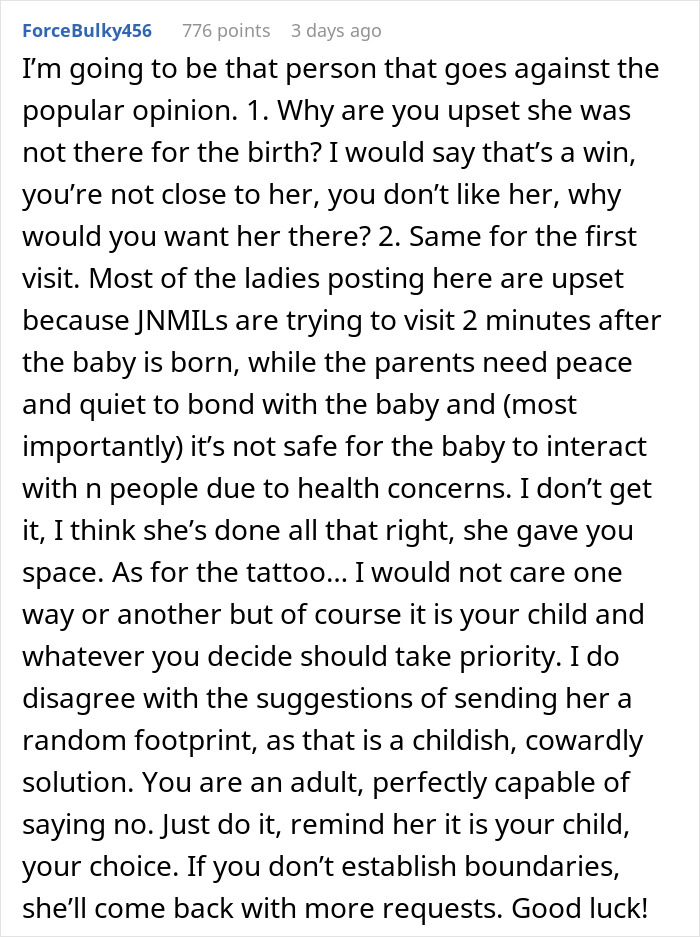 Reddit comment discussing a new mom's issue with her MIL wanting a tattoo of the grandkid's footprint.