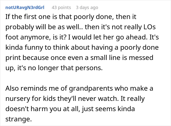 Text discussing concerns about a MIL wanting a grandkid's footprint tattoo.