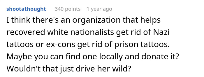 Reddit comment suggesting donating MIL&rsquo;s rude gift to a tattoo removal organization.