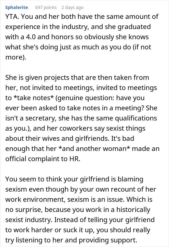 Guy Challenges His GF's Claims About Sexism At Work, Gets An Eye-Opening Reality Check