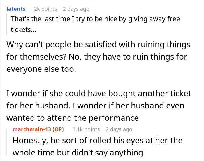Person Gives Away 1 Ballet Ticket For Free, Karen Shows Up With Her Husband, Demands Someone Give Up Their Seat For Him