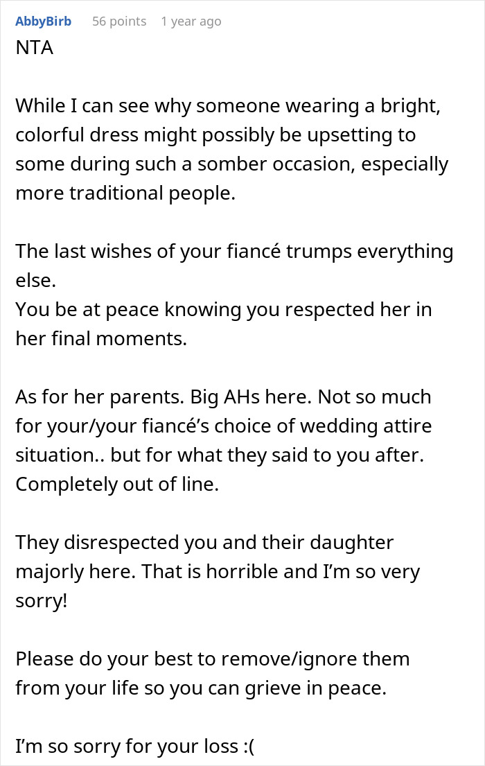 "[Am I The Jerk] For Ignoring What My Fianc&eacute;e's Parents Wanted And Wore My Wedding Dress To Her Funeral?"