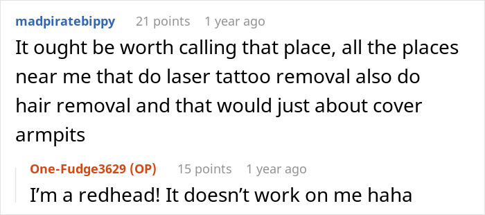 Reddit conversation about laser tattoo and hair removal options.