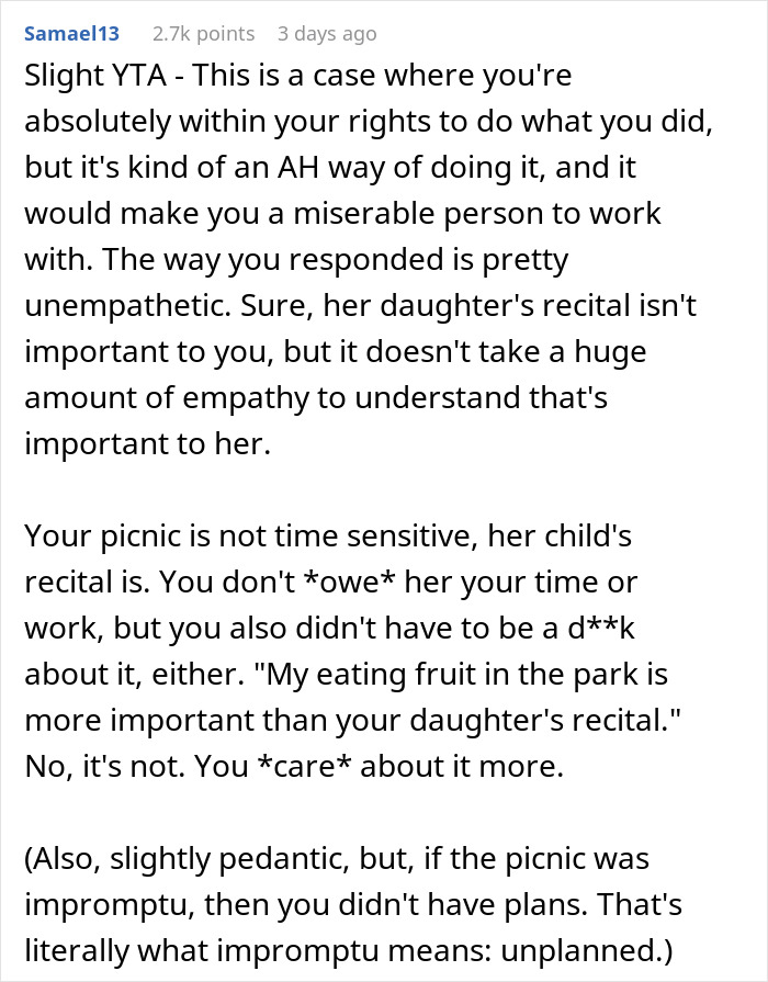Childfree Coworker Says She Has Plans Instead Of Helping Colleague, Defends Herself Online After Colleague Catches Her Having A Solo Picnic