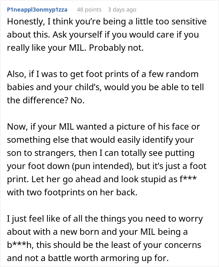 Reddit comment discussing a new mom's concern about MIL wanting a tattoo of grandkid's footprint.