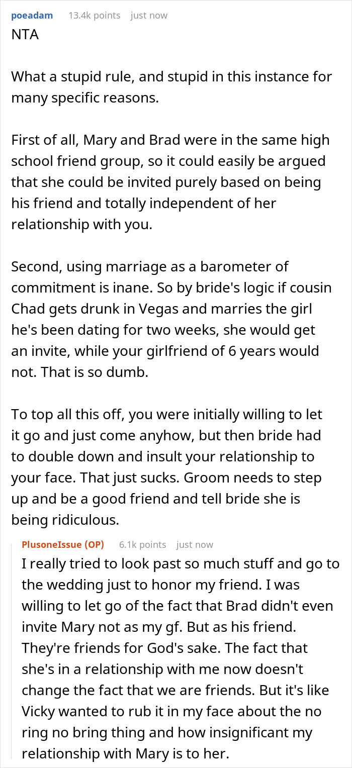 Man Rebels Against Friend's "No Ring No Bring" Wedding Rule After His Girlfriend Of 6 Years Isn't Invited