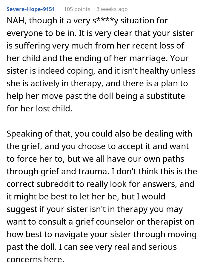 Woman Thinks Her Sister Is Coping With The Loss Of Her Baby In A Creepy And Unhealthy Way, Asks If She Would Be A Jerk To Break It To Her