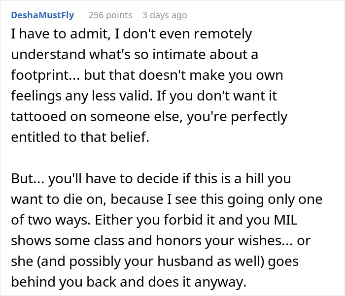 Online discussion about MIL wanting grandkid's footprint tattoo.