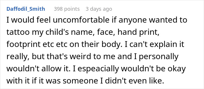 Reddit comment expressing discomfort about getting a child's name, face, or footprint tattooed, gathering 398 points.