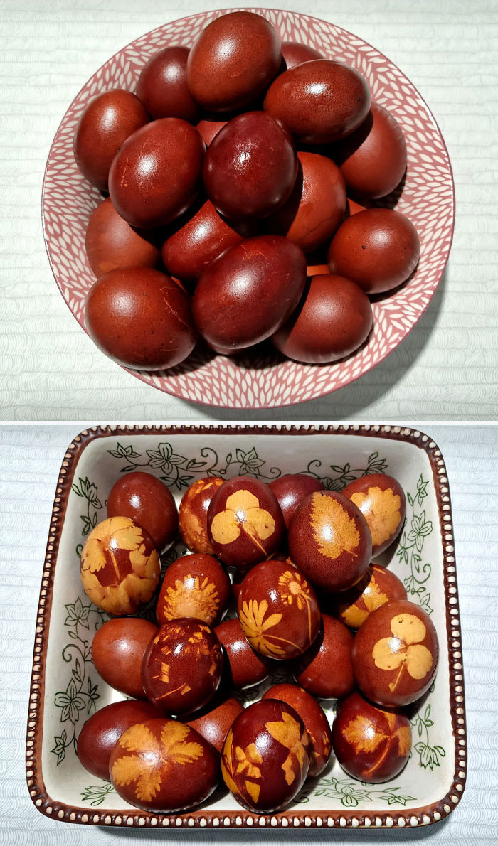 Eggs Dyed With Red Onion Skins And Decorated With Random Plants From Around The Garden