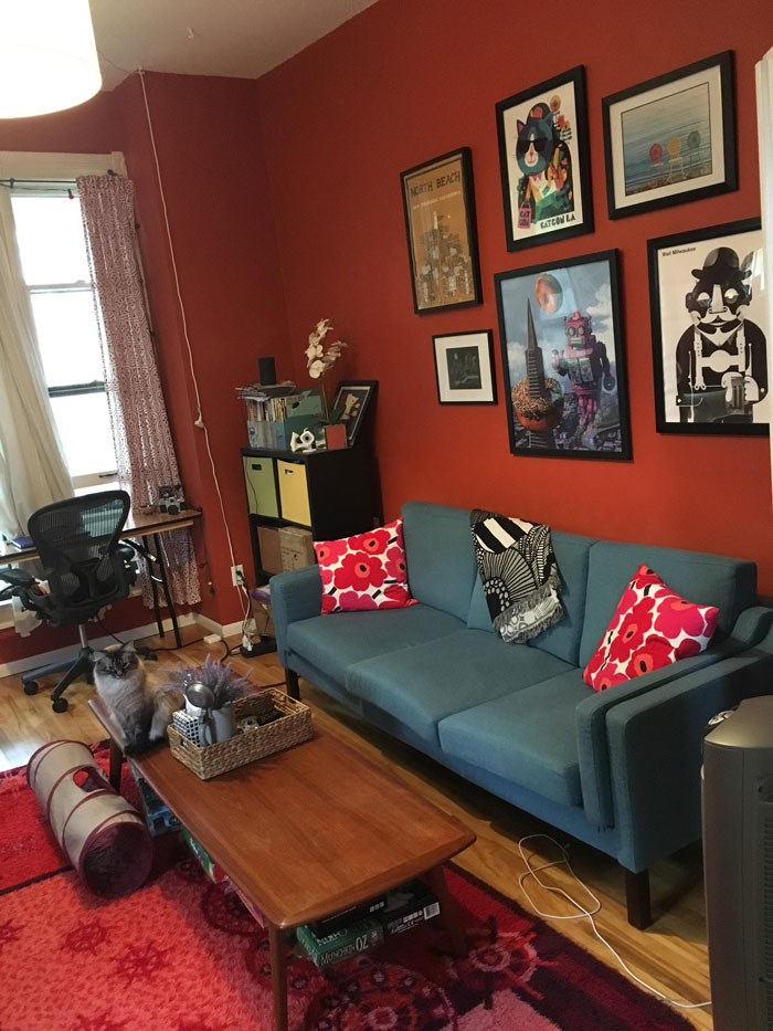 Cozy living room with a blue couch, colorful pillows, and wall art for home decoration inspiration.