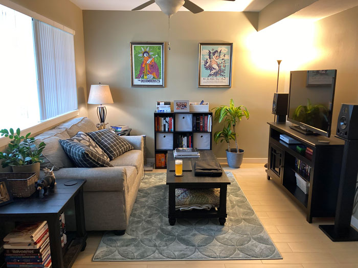 Cozy living room with stylish home decoration, including a sofa, coffee table, bookshelves, plants, and wall art.