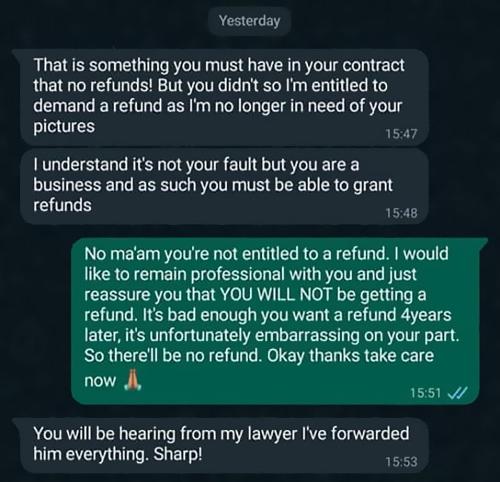 "You Will Be Hearing From My Lawyer": Woman Demands A Refund From Her Wedding Photographer After She Gets Divorced