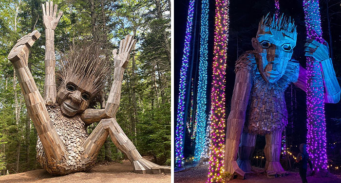 Large wooden troll sculptures in a forest, showcasing unique art installations in famous gardens during day and night.