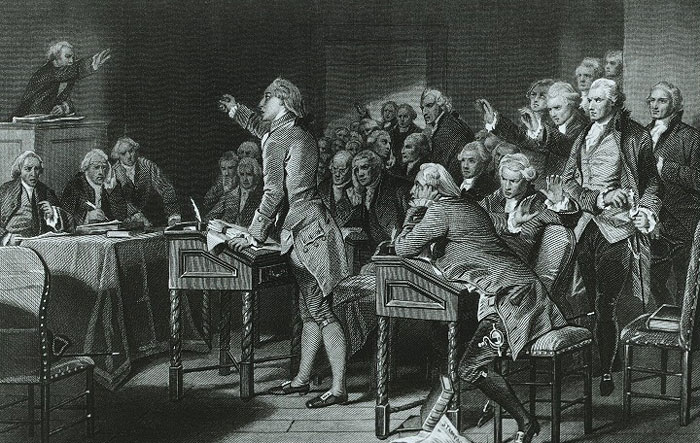 Portrait of Patrick Henry speaking in court