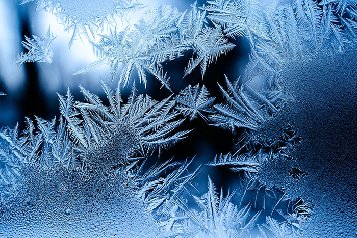 Close-up of intricate snowflakes showcasing natural physics patterns and crystalline structures in cold weather conditions.