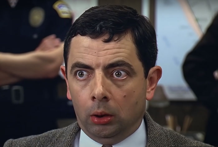 Mr. Bean looks surprised 