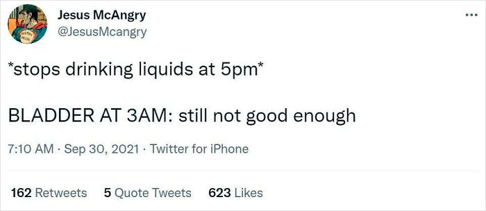 Tweet humorously discusses aging by referencing bladder issues waking someone up at 3 AM.