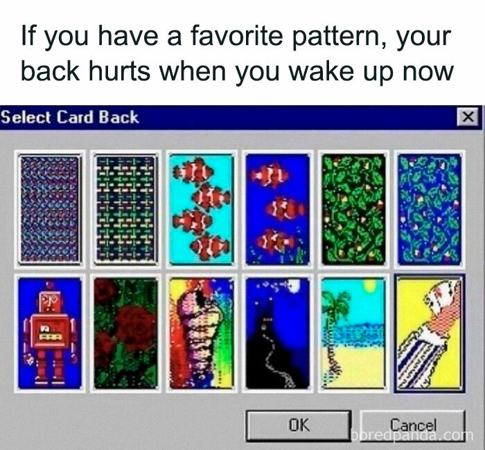 Retro computer card back selection screen with humorous text about aging.