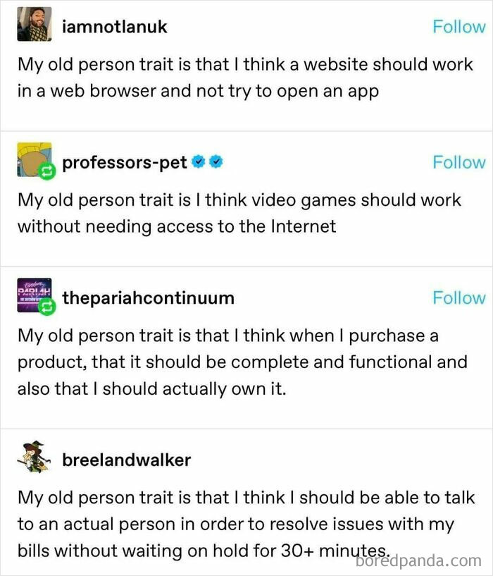 Funny posts highlighting "old person traits" like preferring offline video games and talking to real people for customer service.