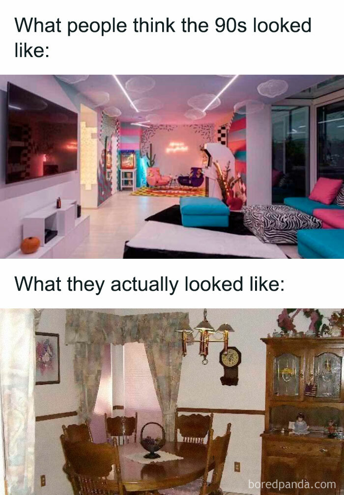 90s nostalgia meme comparing vibrant modern decor with traditional dining room setting.