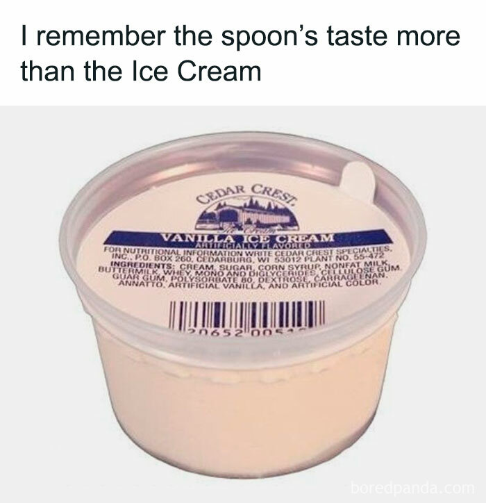 Vanilla ice cream cup with text humorously recalling the spoon's taste more than the ice cream.