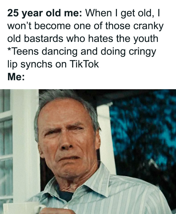 Man holding a mug with a skeptical expression, caption about aging and TikTok lip-syncing.