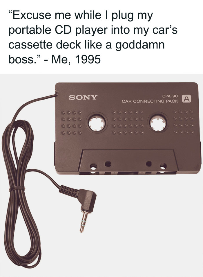 Cassette adapter for portable CD player in car, with humorous 1995 quote about using retro tech, evokes nostalgia and humor.