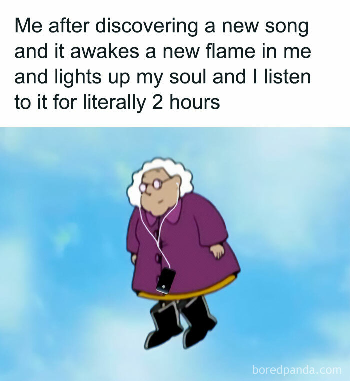 Elderly woman joyfully floating with headphones and a phone, capturing the essence of spicy memes for a smile.