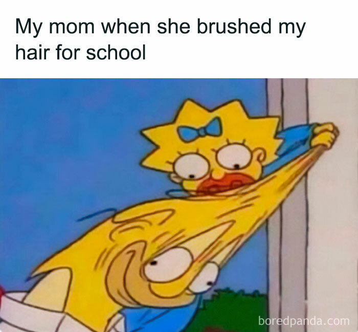 Cartoon character with messy hair, captioned about mom's brushing, from a collection of spicy memes.