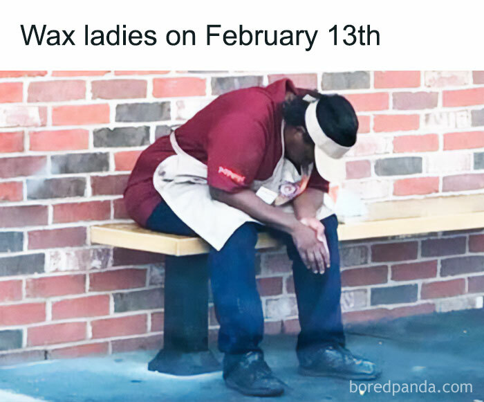 A wax technician napping on a bench, captioned humorously for a spicy meme theme.