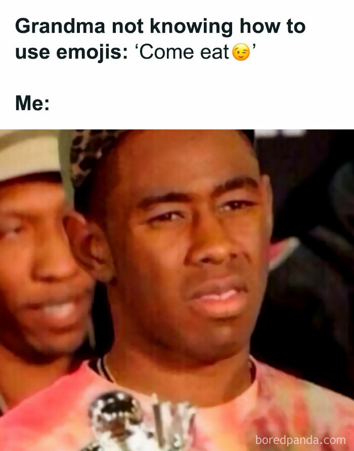 Confused reaction meme with text about grandma misusing emojis, featuring a humorous expression.