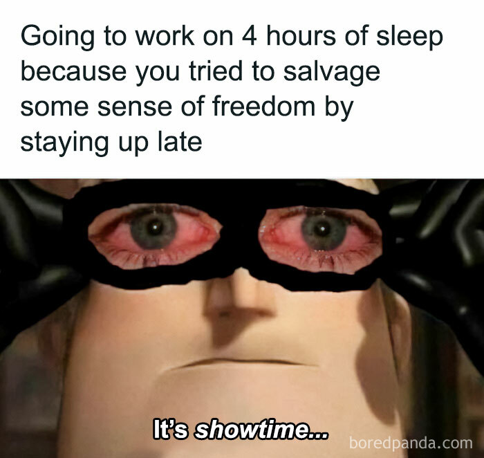 "Spicy meme of tired character with red eyes, captioned about working on 4 hours of sleep, implying humorous exhaustion."