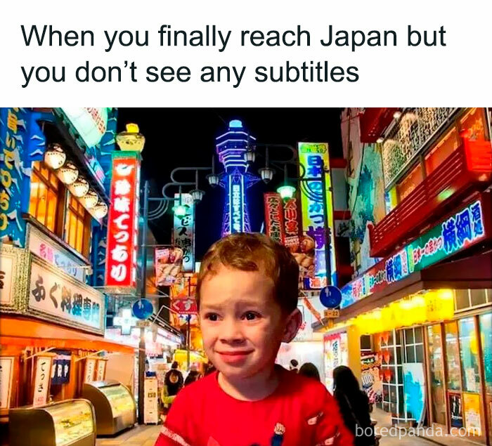 Child in a busy, brightly lit Japanese street looking confused, a spicy meme moment capturing humor.