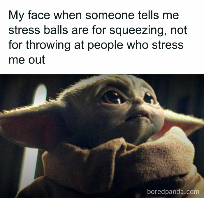 Baby alien character looking amused, captioned with a humorous take on stress balls. Spicy memes for a smile.