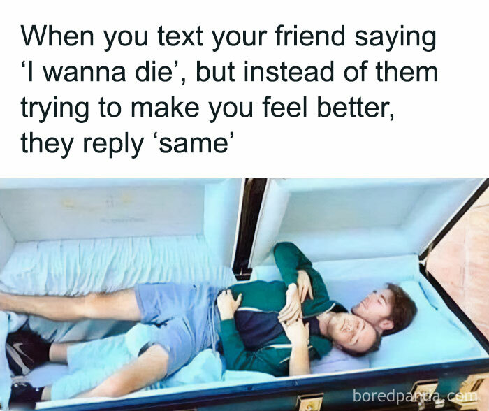 Two people lying in a coffin with a humorous caption about texting, capturing a spicy meme moment.