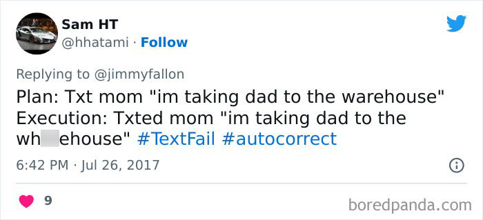 son texted mom a message with autocorrected "warehouse" 