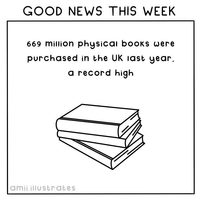 Illustration of stacked books with text: 669 million physical books sold in the UK last year, a record high.